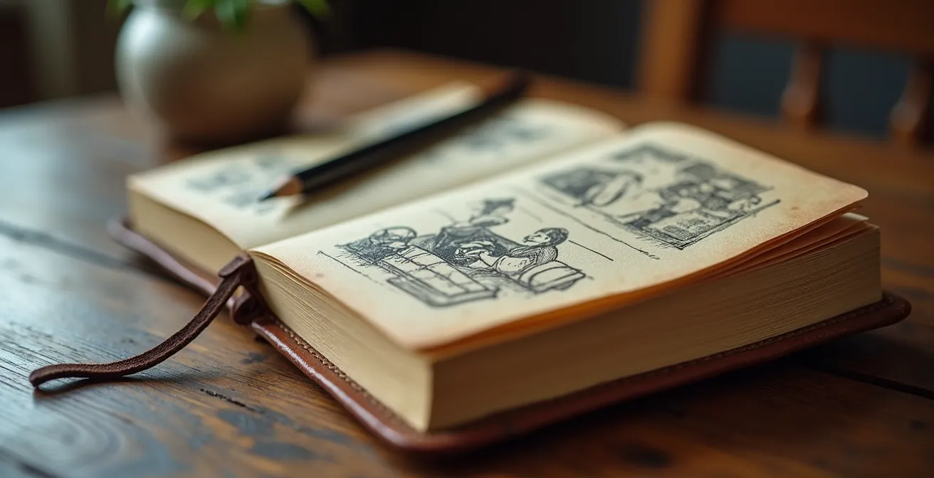 Carnet ouvert avec croquis d'observation des usages du salon