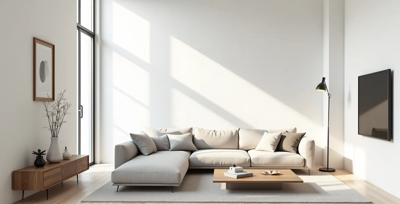 Vue d'ensemble d'un salon avec équilibre parfait entre meubles et espace